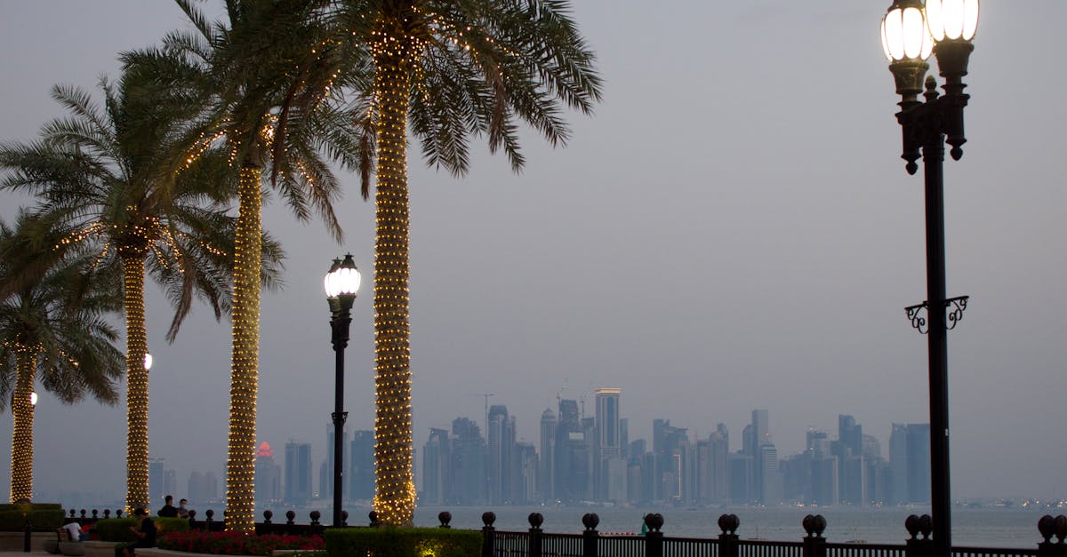 Explore the illuminated Doha skyline from a palm-lined promenade with elegant street lamps lighting the scene.